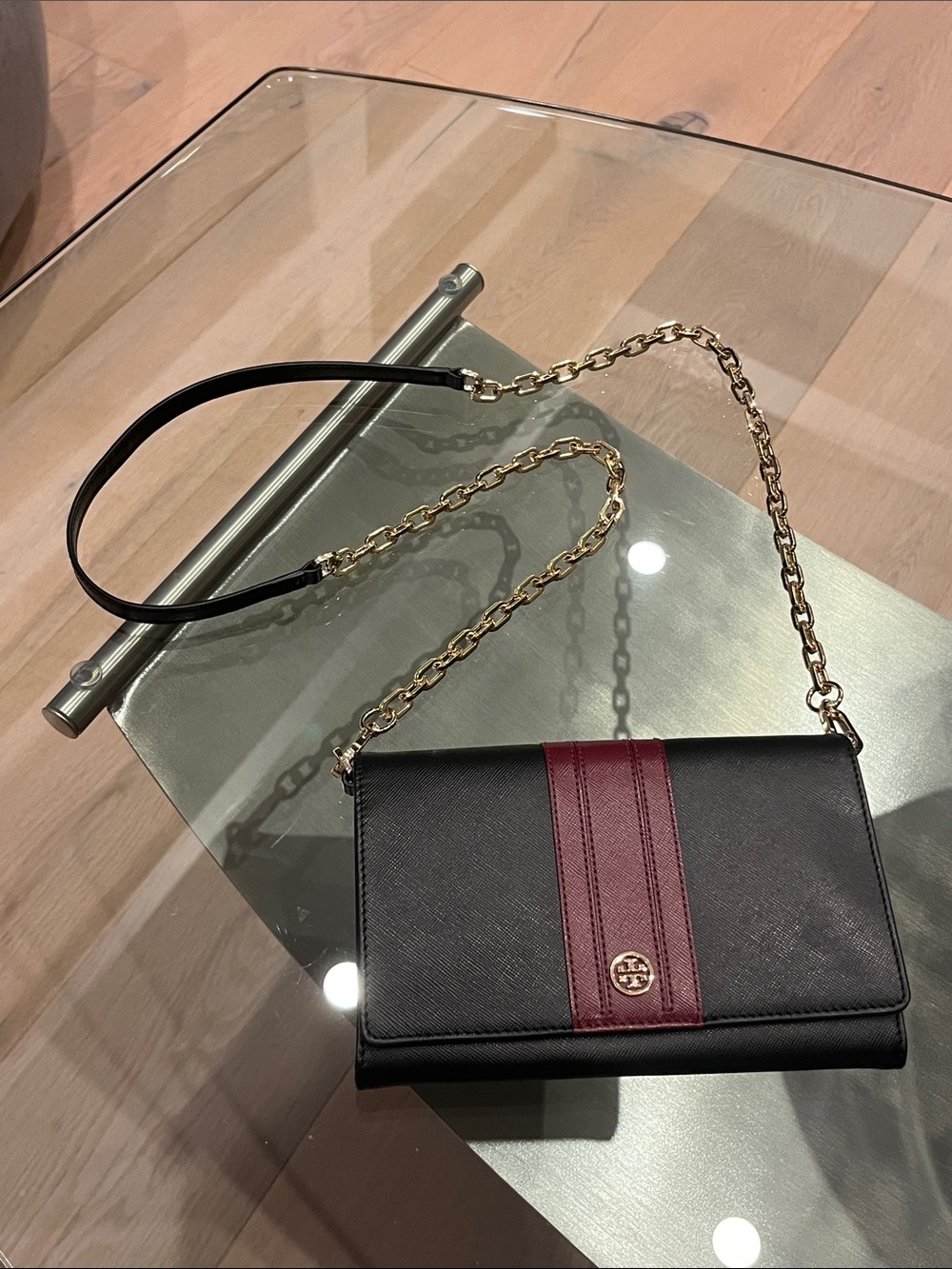 Tory Burch Black and Burgundy Gold Chain Crossbody Bag